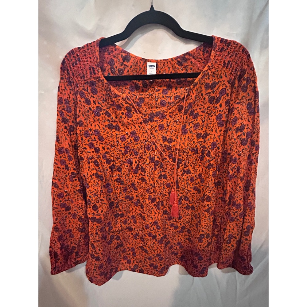 Old Navy Floral Print Tassel Tie Blouse Orange Purple Long Sleeve Women's Size M